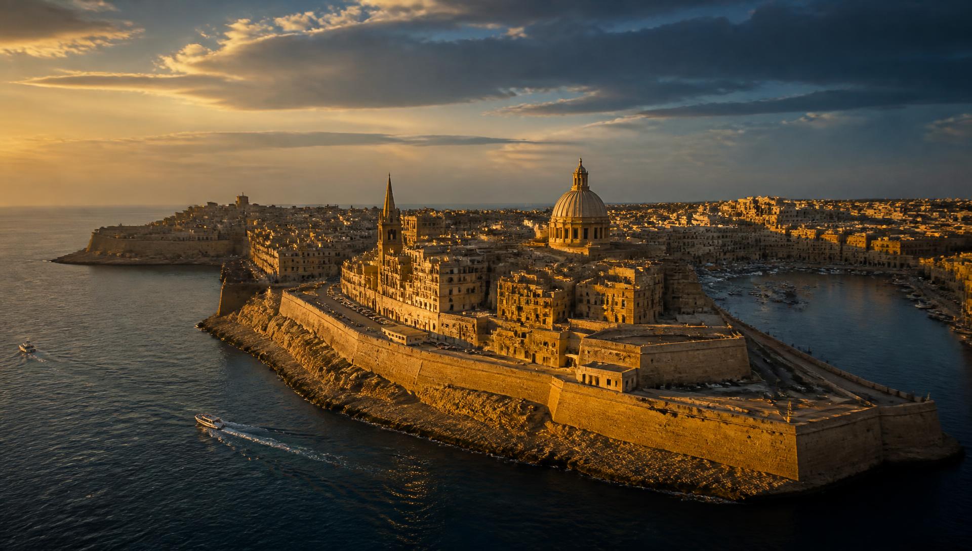 Aerial view of Valletta, Malta at golden hour