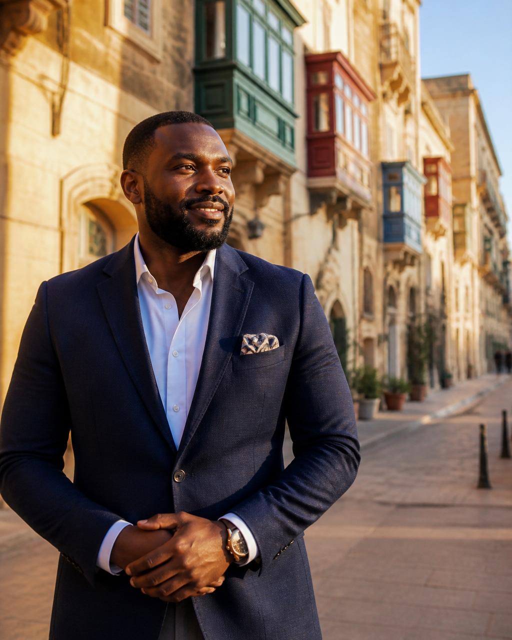 Baruwa N Travel owner standing on a street in Valletta, Malta